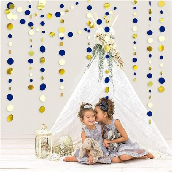 Navy Blue Gold Dot Garland 46FT Polka Dot Banner Party Wedding Baby Shower - Picture 6 of 7